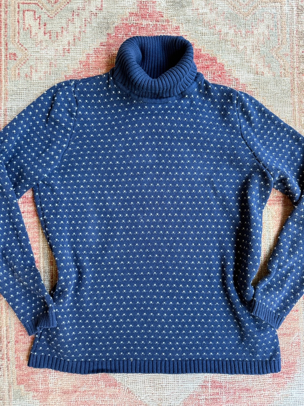 Karen Scott Navy Blue Turtleneck Sweater with Tiny White Dots